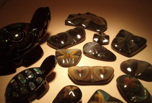 Rainbow Obsidian Cabs and Opal inlayed turtles.