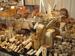 Tables of petrified wood.