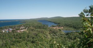 Copper Harbor (left) with sheltered harbor and Lake Superior on far left.