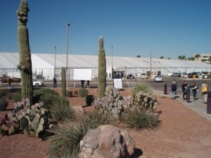 A view from the Tucson Convention Center of the GJX Show tent.