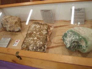 Our display of (from right) Arizona Green Petrified Woos, Peanut Wood from Australia, and Thunder Bay Seam Agate.