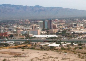 A view from atop "A" Mountain looking down on the GJX tent and The Tucson Convention Center to the right of the tent and across the street.