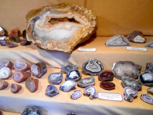 A display featuring a large, rare, Keswick Agate from Iowa.