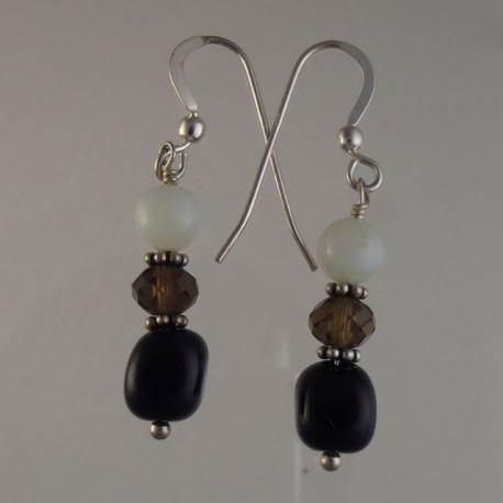 Black agate with smoky quartz and white agate earrings