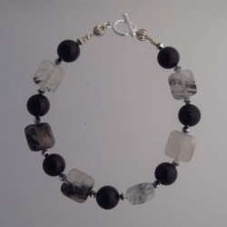 Rutilated Quartz and Black Onyx Bracelet