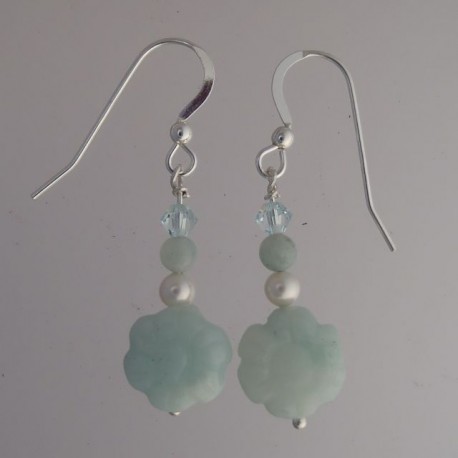 Amazonite Flower with Pearl and Crystal Earrings