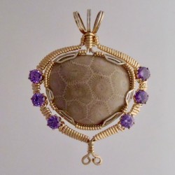 Petoskey Stone Pendant and Earring set with Amethyst