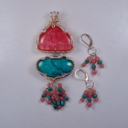 Floral Fireworks Rhodochrosite and Turquoise Pendant and Earring Suite