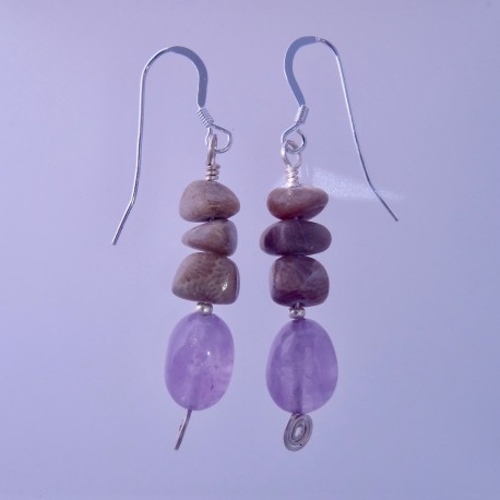 Petoskey stone and Amethyst Nugget Earrings