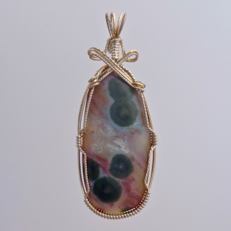 Green Ocean jasper wire-wrapped pendant with natural crystal cave