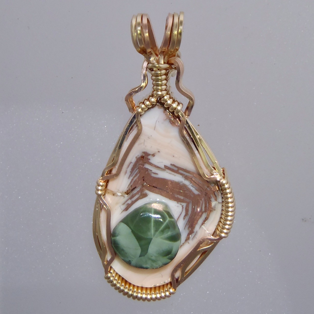 thumbnail image 2 of Yuteng Green Gold Copper Bornite Stone Shield Pendant Bead – 33x20x6mm DHS60-SH 2 of 5