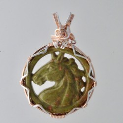 Green Steed Carved Unakite Horse Pendant