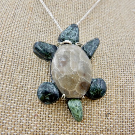Michigan Greenstone and Petoskey Stone Turtle Pendant