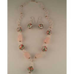 Rose Quartz and Painted Flower Beads Necklace